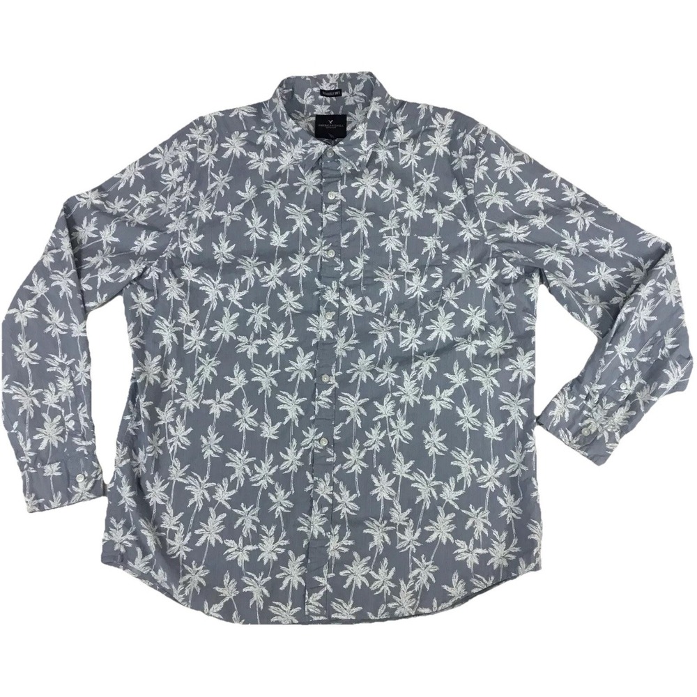 American Eagle Mens XXL Gray Palm Tree Print Seriously Soft Button Down Shirt‎
